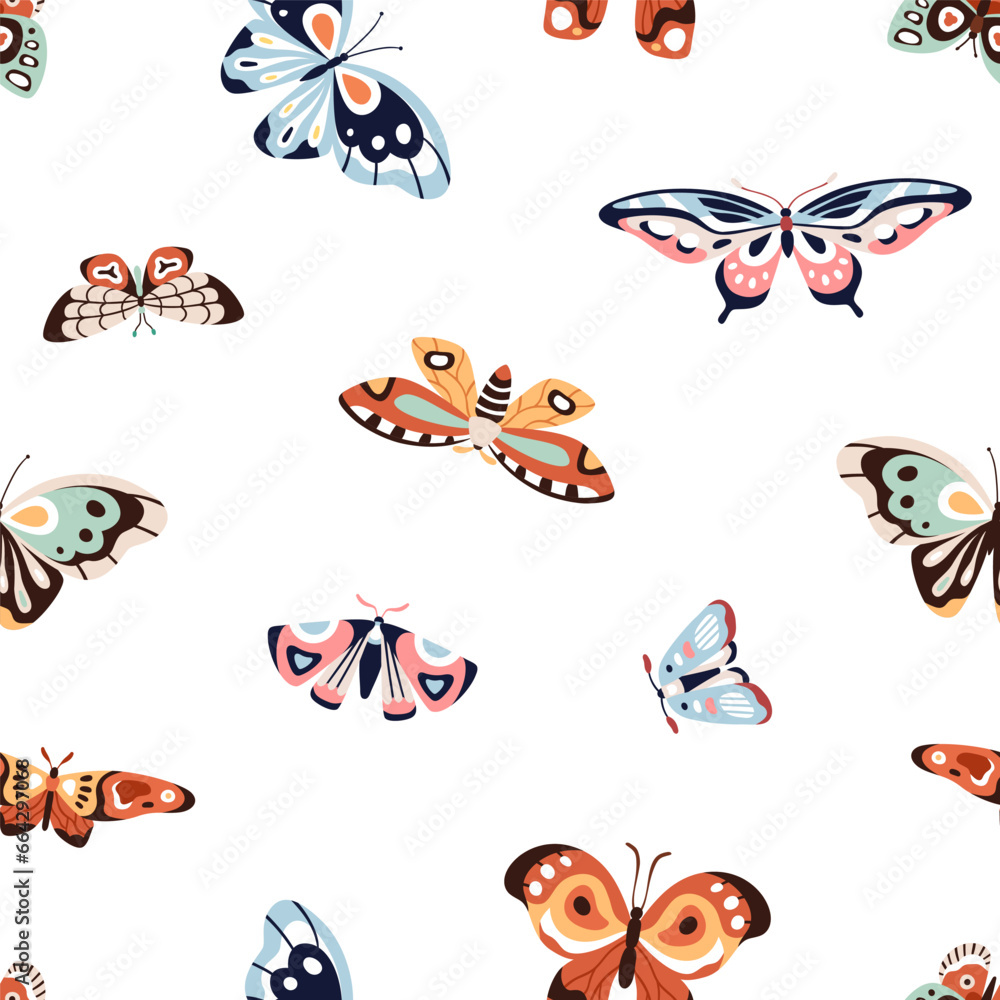 Fototapeta premium Butterflies, seamless pattern, repeating print. Spring and summer nature background, endless texture design. Moths flying, repeatable decoration for fabric, textile, wrapping. Flat vector illustration