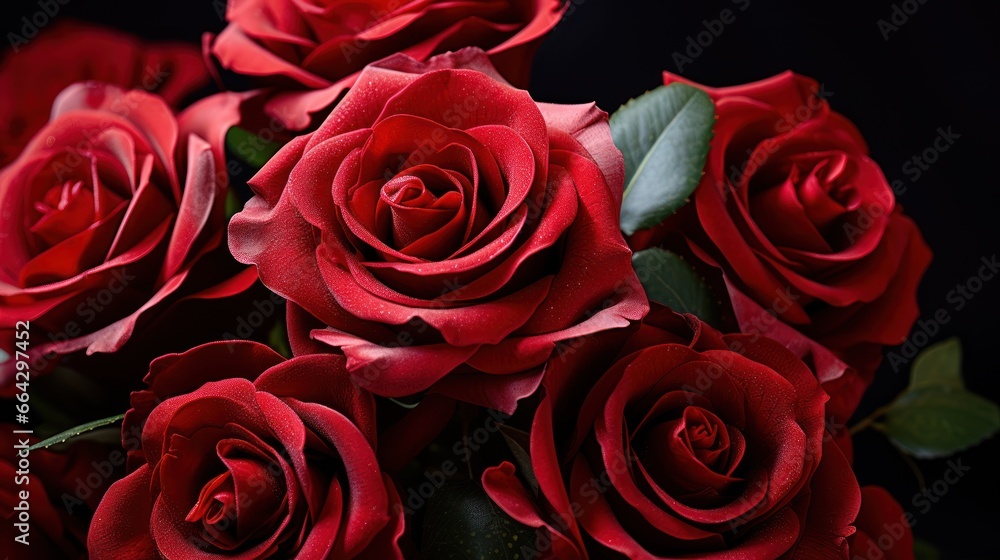 Obraz premium Bouquet of fresh roses blooms vibrantly, symbolizing romance and passion