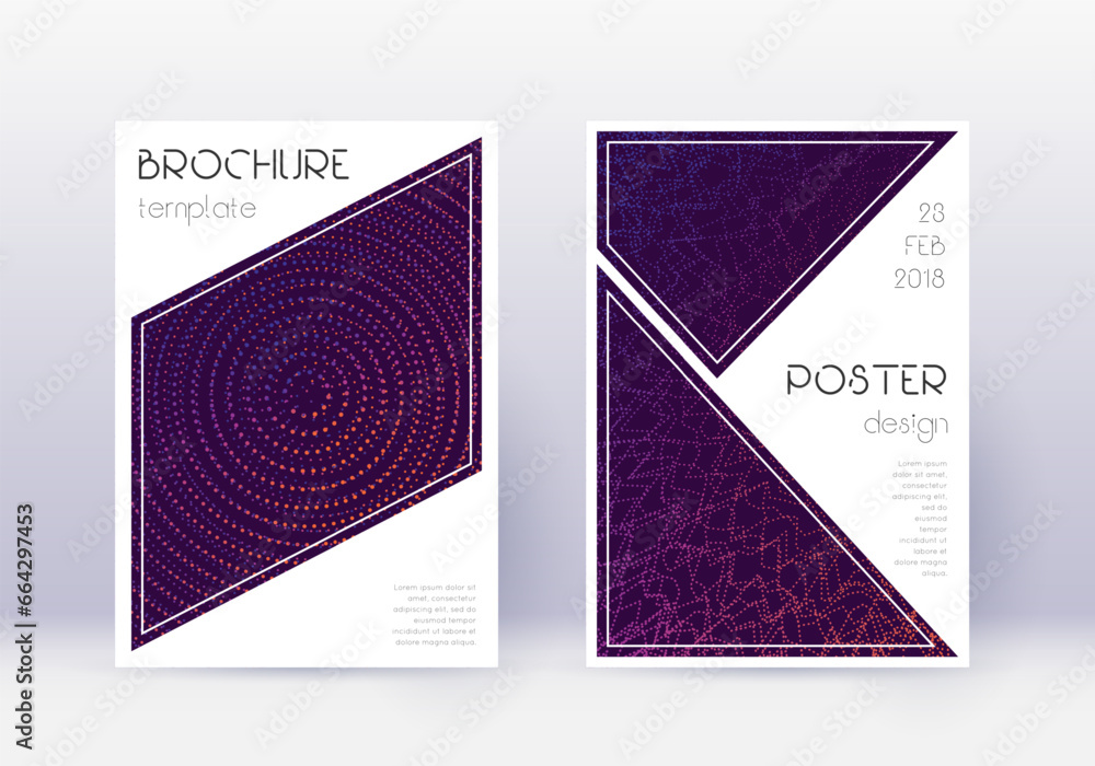 Triangle cover design template set. Violet abstract lines on dark background. Immaculate cover design. Great catalog, poster, book template etc.