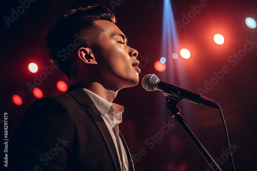 Chinese man singing on microphone. Asian musician artist singing on illuminated stage. Generate ai photo