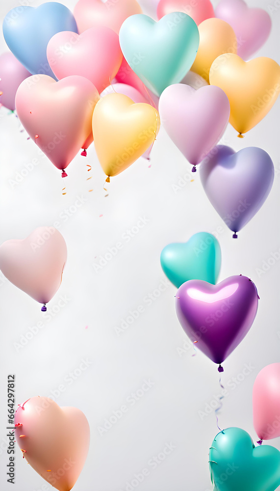A whitish background material with lots of bright colorful pastel heart-shaped balloons decorations and space for text. Baby birth or birthday celebration background.