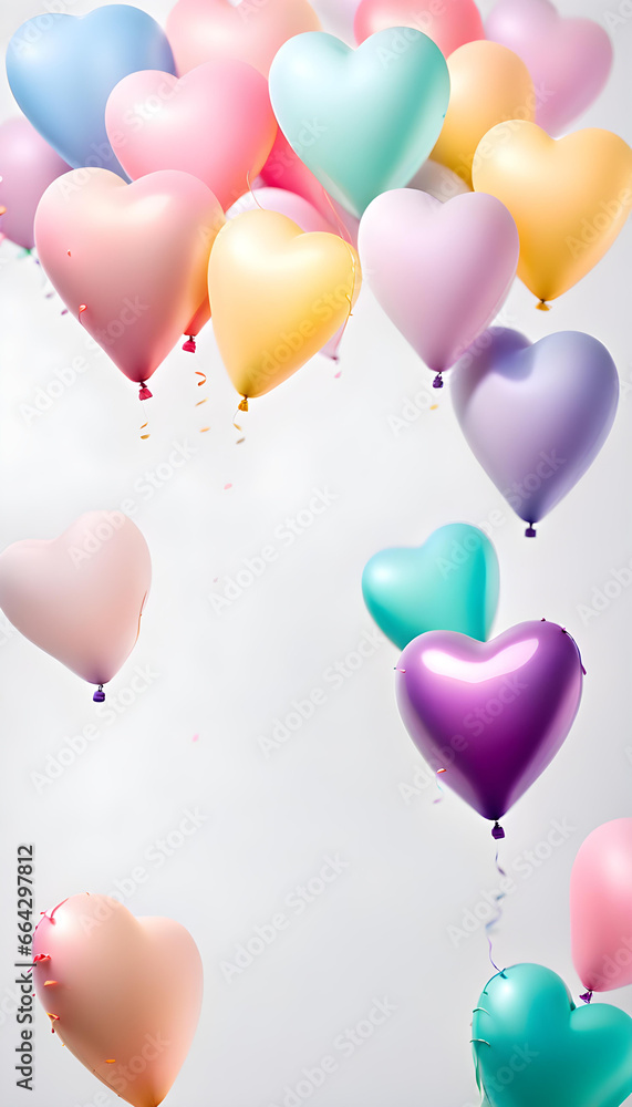 A whitish background material with lots of bright colorful pastel heart-shaped balloons decorations and space for text. Baby birth or birthday celebration background. A whitish background material with lots of bright colorful pastel heart-shaped balloons decorations and space for text. Baby birth or birthday celebration background.