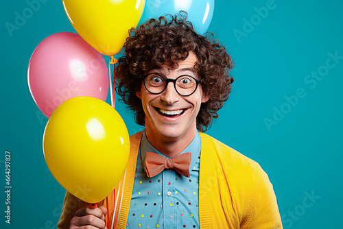 Homme avec cheveux bouclés, tenant des ballons, souriant bêtement © Concept Photo Studio