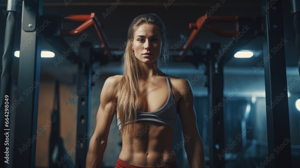 Fitness model showcasing her defined muscles in a gym setting. Fictional characters created by Generated AI. Fitness model showcasing her defined muscles in a gym setting. Fictional characters created by Generated AI.