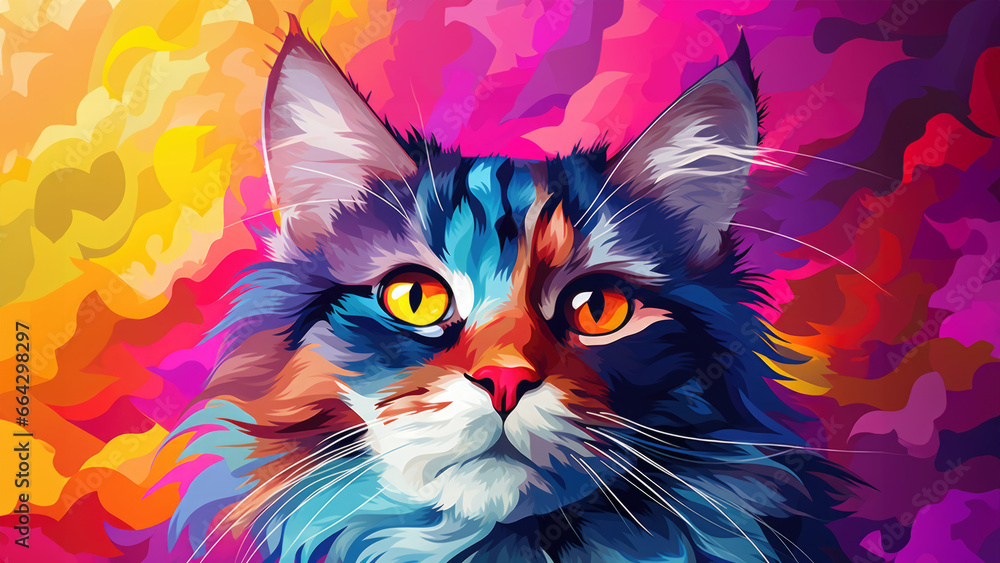 Maine Coon cat, bright psychedelic digital art. Colorful banner.