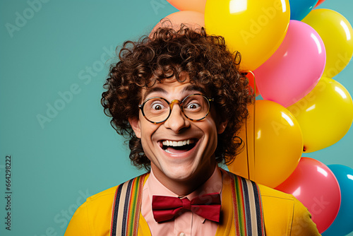 Homme avec cheveux bouclés, tenant des ballons, souriant bêtement © Concept Photo Studio