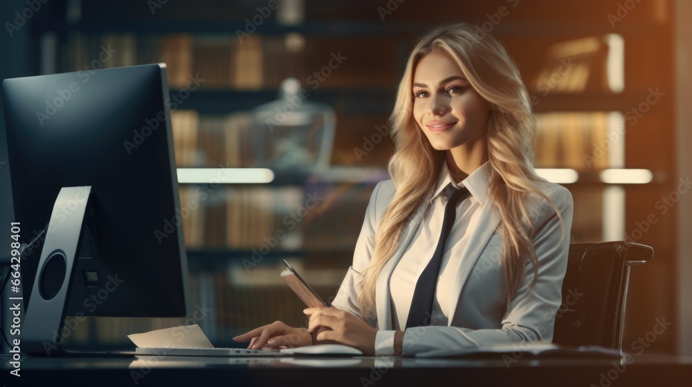 Beautiful woman in a suit working on a computer. Fictional characters created by Generated AI. Beautiful woman in a suit working on a computer. Fictional characters created by Generated AI.