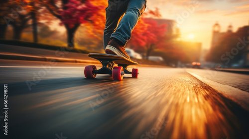 Skateboarder speeds down a road, the background blurred with motion