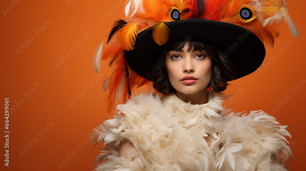 Model in Feathered Hat on Studio Background