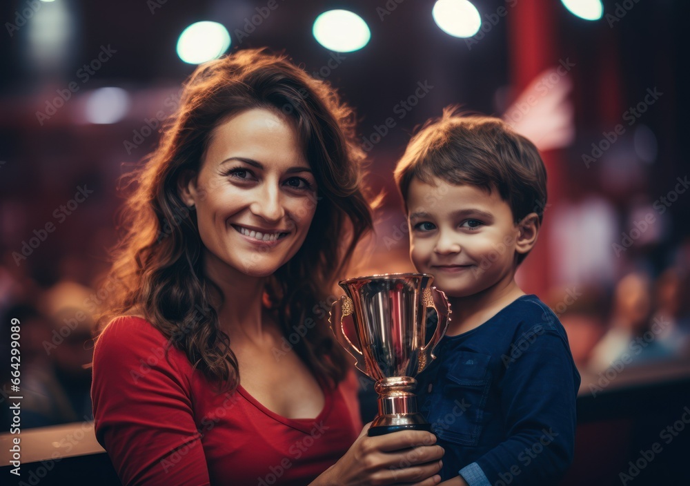 a woman getting the trophy for being the best mom, woman with trophy, mother with her child. mother day concept.