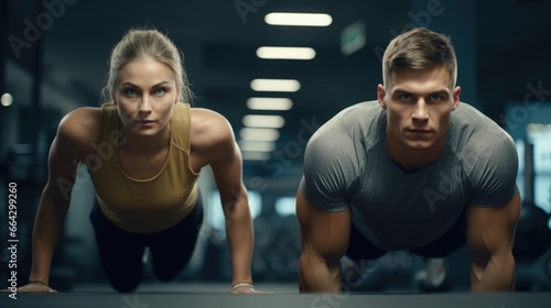 Fitness Couple Exercising in a Gym. Fictional characters created by Generated AI.