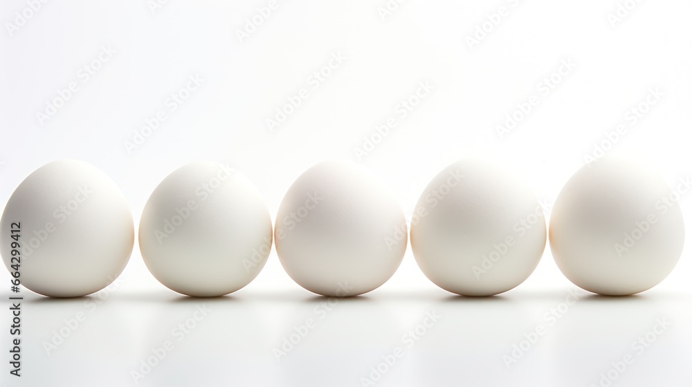 Pristine white eggs, symbols of purity and nourishment, are perfectly positioned against a stark white backdrop