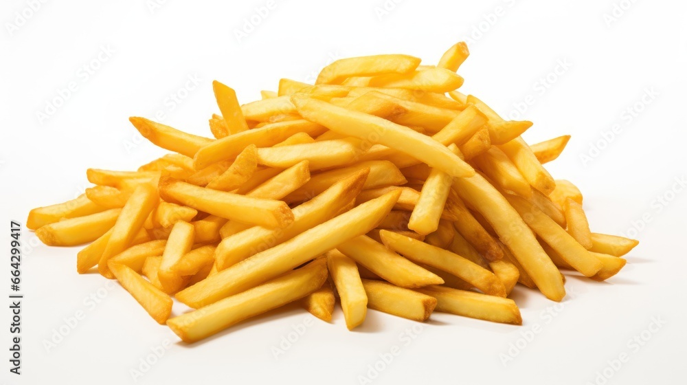 Heap of golden french fries, crispy and delicious, is showcased against a bright white backdrop Heap of golden french fries, crispy and delicious, is showcased against a bright white backdrop