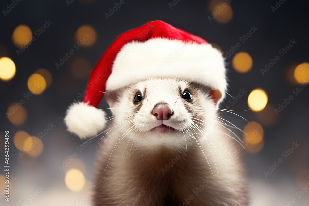 Cute Christmas funny baby ferret in red Santa hat Cute Christmas funny baby ferret in red Santa hat