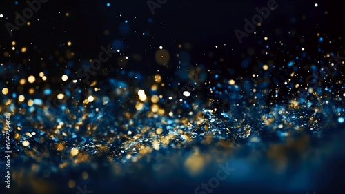 Abstract blue and gold shiny Christmas background with bokeh. Holiday bright blurred backdrop with particles. © ita_tinta_