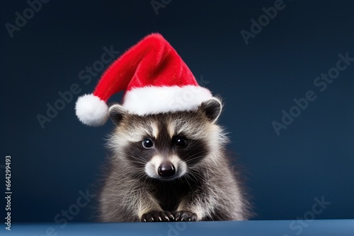 Christmas cute funny baby raccoon in red Santa hat © dvoevnore