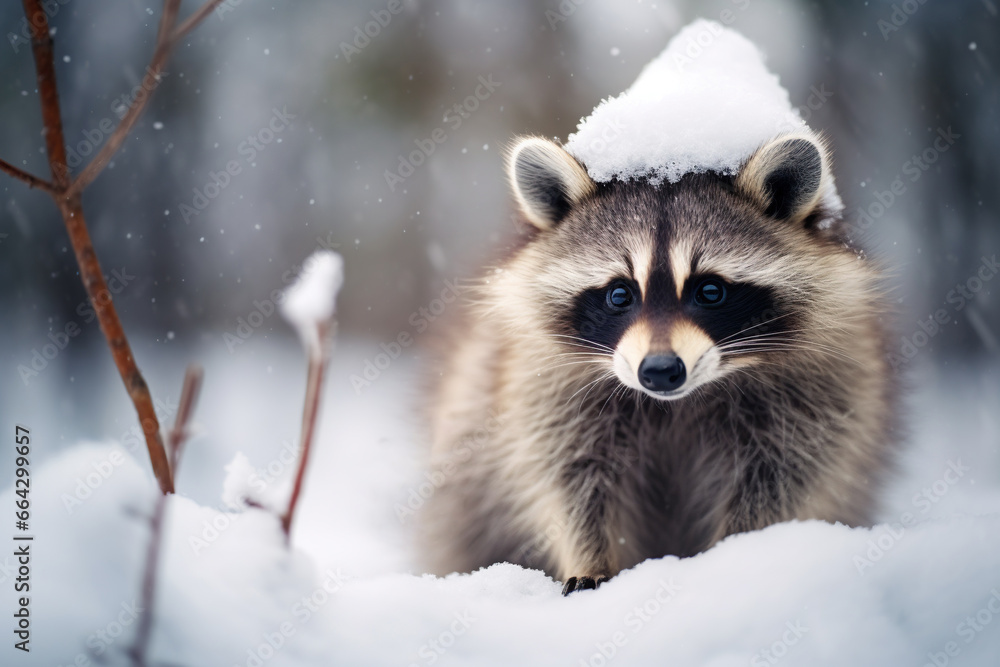 Obraz premium Christmas cute funny baby raccoon in winter forest