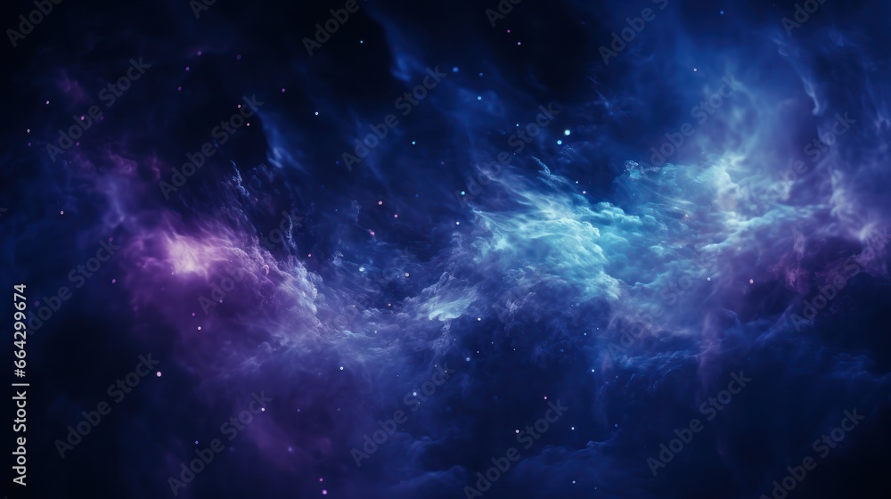 Blurry flecks of blue and purple hues dance on a dark black canvas