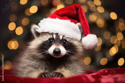 Cute Christmas funny baby raccoon in red Santa hat © dvoevnore