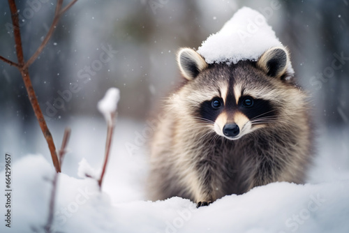 Christmas cute funny baby raccoon in winter forest