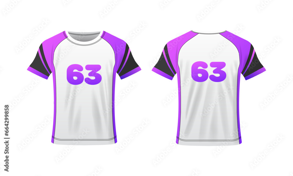 T-shirt mockup. Flat, purple-white, number 63, T-shirt layout, T-shirt mockup with numbers. Vector icons T-shirt mockup. Flat, purple-white, number 63, T-shirt layout, T-shirt mockup with numbers. Vector icons