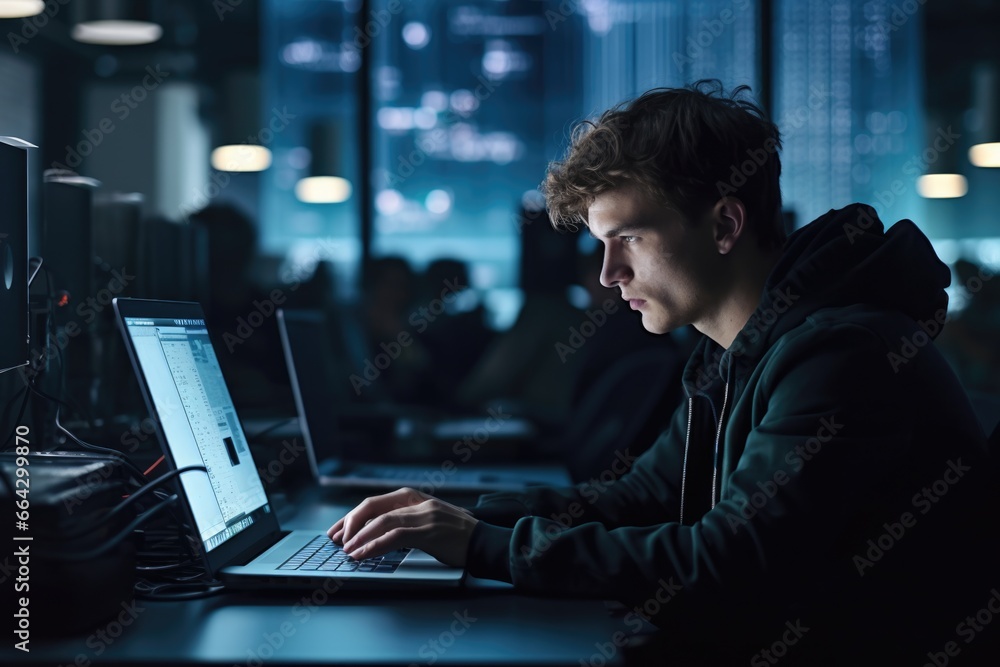 Young Man Working on Laptop Computer. Fictional characters created by Generated AI. Young Man Working on Laptop Computer. Fictional characters created by Generated AI.