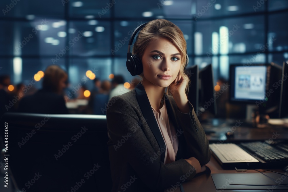 Professional woman using headphones and working on a computer. Fictional characters created by Generated AI. Professional woman using headphones and working on a computer. Fictional characters created by Generated AI.