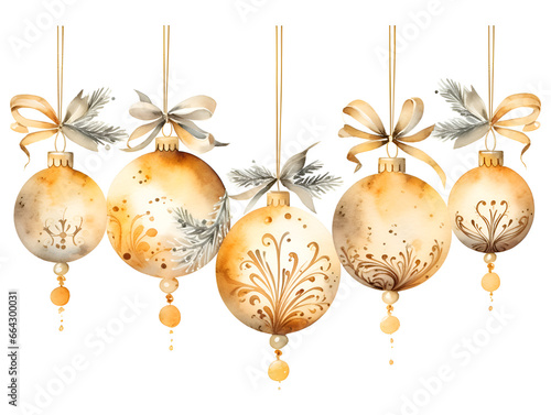 Watercolor set of different golden Christmas ornament balls isolated on white background 