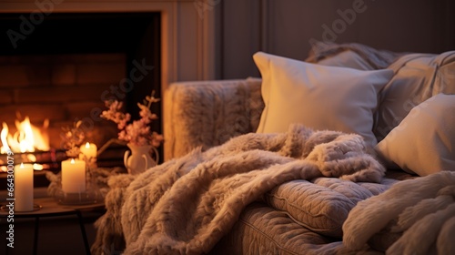 Warm lighting illuminates a cozy interior, complete with soft blankets and a glowing fireplace
