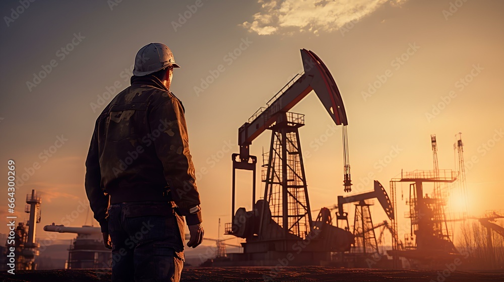 A male worker in a hard hat, an oilman looks up at an oil pump. A male worker in a hard hat, an oilman looks up at an oil pump.