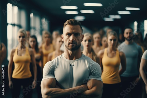 A confident man stands in front of a group of women at a gym.. Fictional characters created by Generated AI.