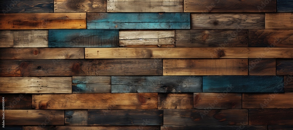 In a wide-format abstract background image, a weathered wall is constructed from leftover boards of various colors and sizes, creating an eclectic composition. Photorealistic illustration In a wide-format abstract background image, a weathered wall is constructed from leftover boards of various colors and sizes, creating an eclectic composition. Photorealistic illustration