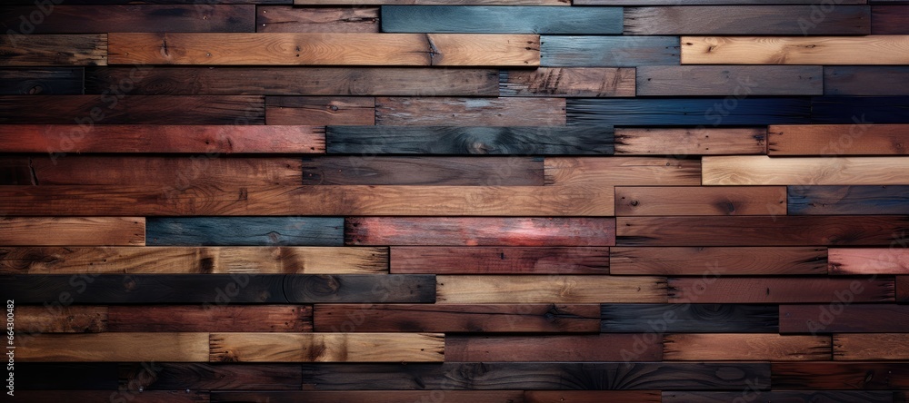 In a wide-format abstract background image, a weathered wall is constructed using colorful leftover boards, creating an eclectic and visually dynamic composition. Photorealistic illustration