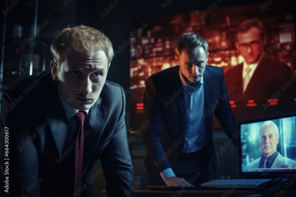 Two Men in Suits Looking at a computer screen. Fictional characters created by Generated AI. Two Men in Suits Looking at a computer screen. Fictional characters created by Generated AI.