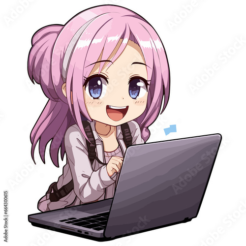 cute Anime girl working and gaming on a computer