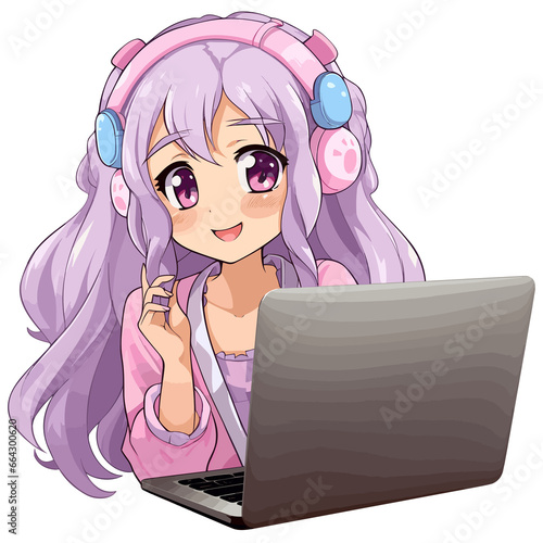 cute Anime girl working and gaming on a computer