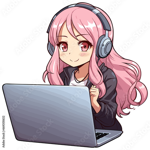 cute Anime girl working and gaming on a computer
