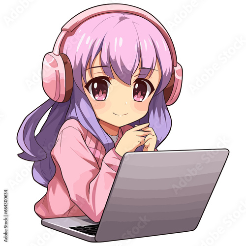 cute Anime girl working and gaming on a computer