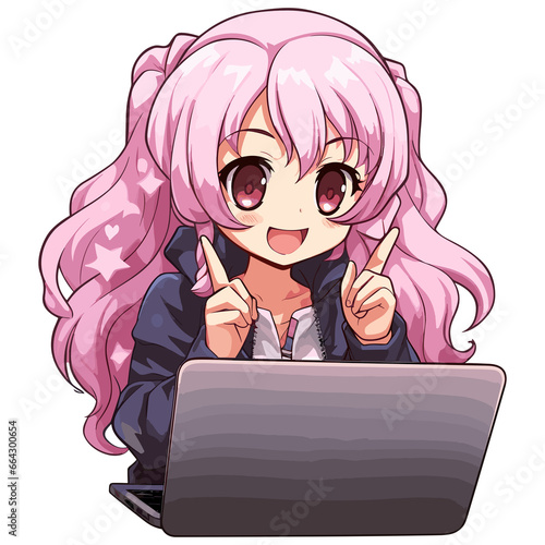 cute Anime girl working and gaming on a computer laptop