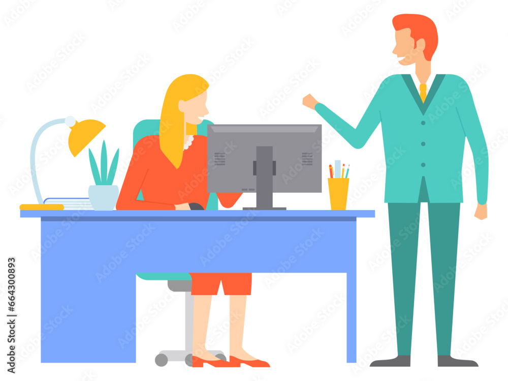 Office people worker. Vector illustration. People in office rely on their coworkers for support and cooperation Office workers contribute to success business through their dedication and hard work