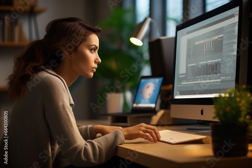 A Young Woman Using a Mac Computer in a Modern Office. Fictional characters created by Generated AI. photo