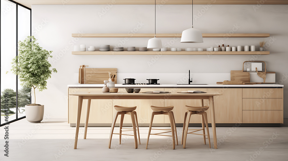Modern scandinavian, minimalist interior design of kitchen with island, dining table and wooden stool Modern scandinavian, minimalist interior design of kitchen with island, dining table and wooden stool