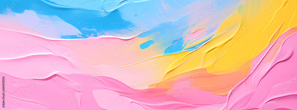 Art of abstract painting in the style of colorful impasto, interior painting, with color pastel pink, blue and yellow colors stain texture background for home decorations and other purposes.