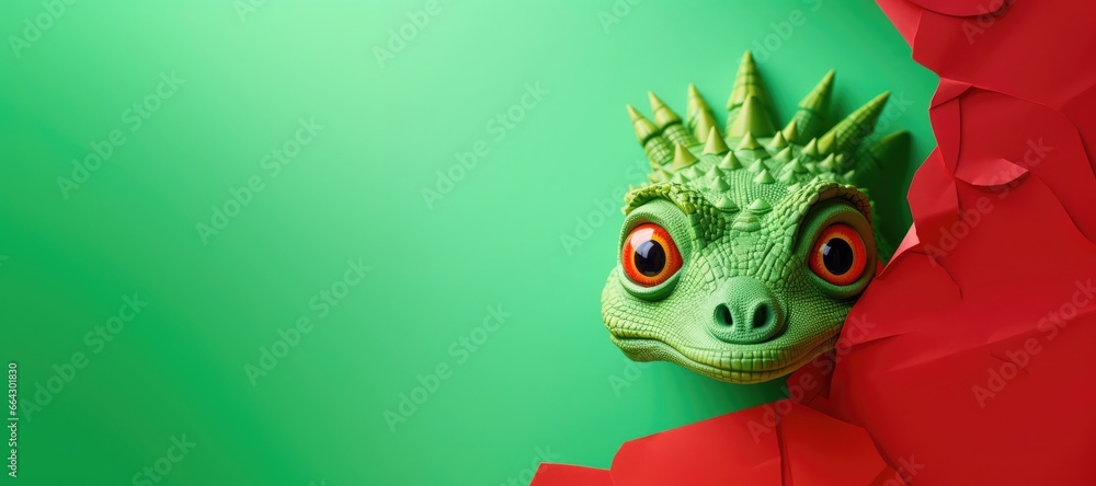 Head of cute little green Dragon looking through red ripped hole in paper Head of cute little green Dragon looking through red ripped hole in paper