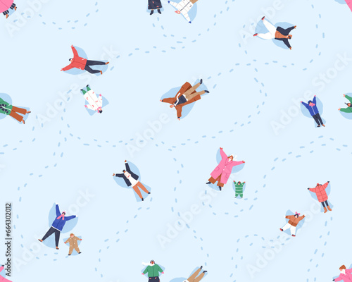 Happy winter holiday pattern. People making snow angels, funny endless background. Seamless repeating print design for textile, fabric, wrapping. Repeatable printable flat graphic vector illustration