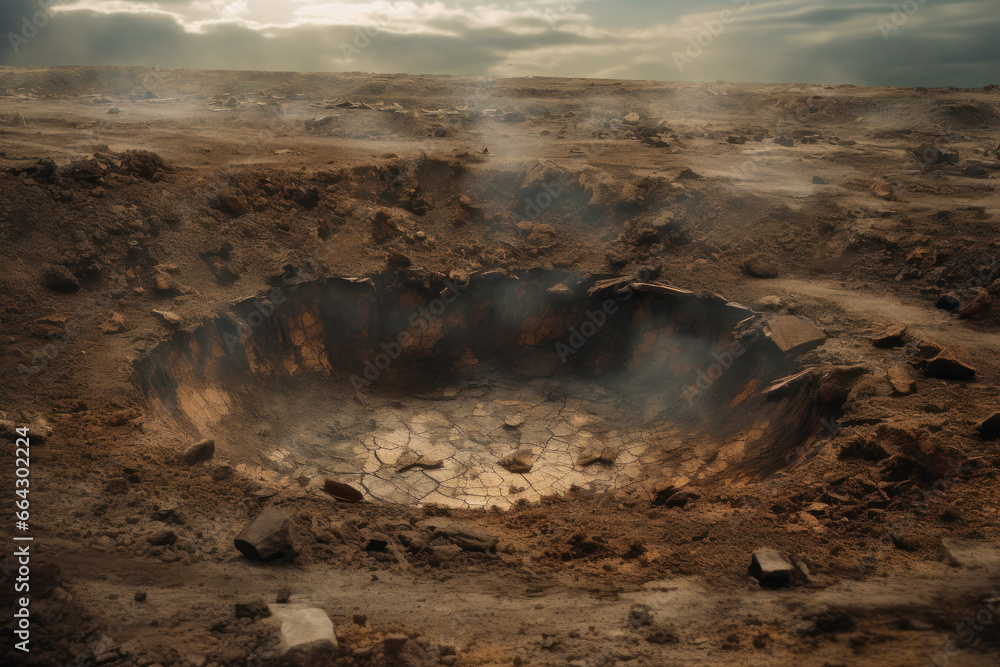 A large crater surrounded with barren land and rock - obrazy, fototapety, plakaty 