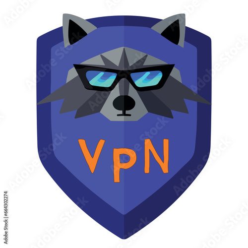 Flat VPN icon with a raccoon head in sunglasses on a blue shield on white bakground. Proxy server. Vector illustration. Virtual Private Network icon. Internet Security VPN Concept Icon