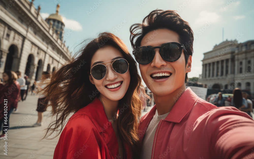 A happy vogue fashion couple taking selfies with bright solid light color clothes in summer A happy vogue fashion couple taking selfies with bright solid light color clothes in summer