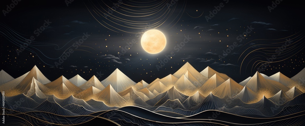 Mountain landscape in black and gold in line art style. Mountain landscape in black and gold in line art style.
