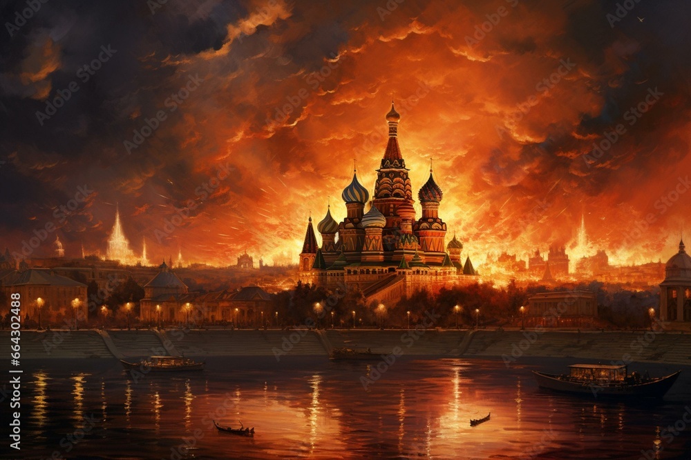 A flaming Moscow. Generative AI